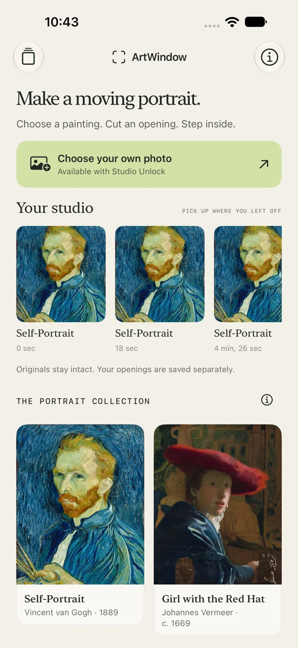 ArtWindow gallery with saved studio projects and the museum portrait collection.