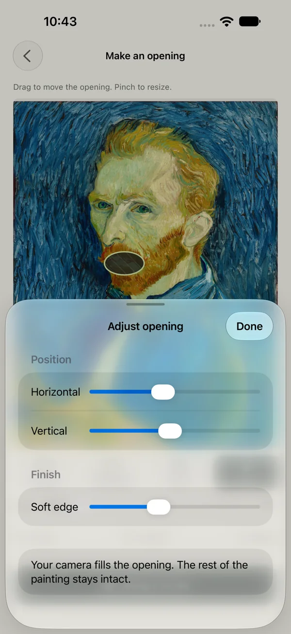 ArtWindow's Adjust opening panel with controls for size, position, and edge softness.
