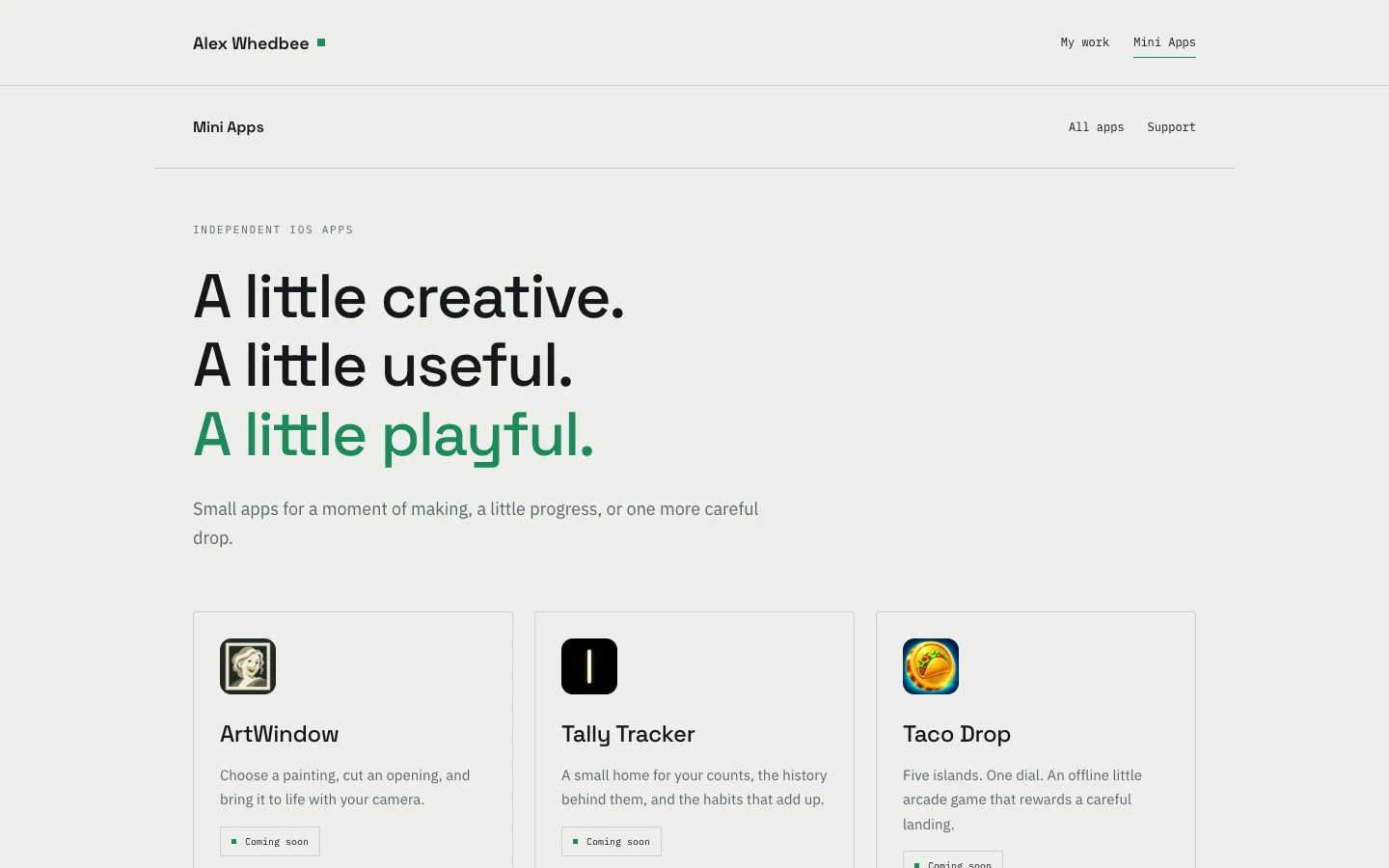 Mini Apps collection page featuring ArtWindow, Tally Tracker, and Taco Drop