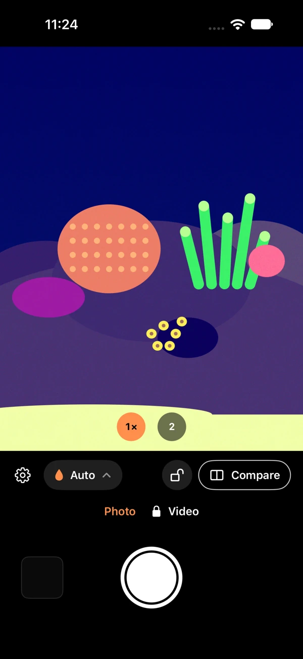 Actual ReefCam Auto-mode Simulator UI displaying generated synthetic reef content.