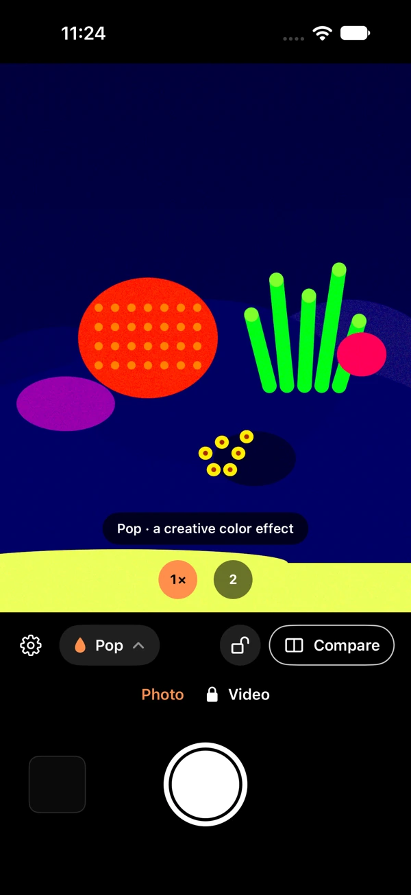 ReefCam Pop mode in Simulator with generated reef content and a visible creative-effect label.