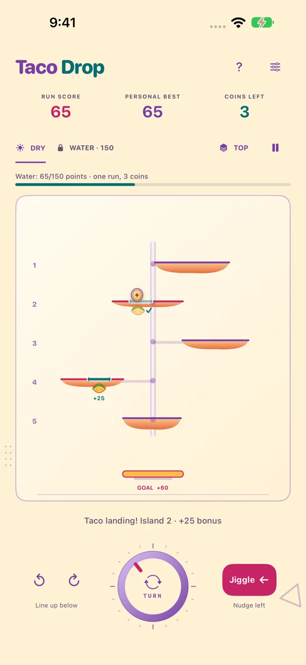 Actual Taco Drop gameplay after a taco-marker bonus.