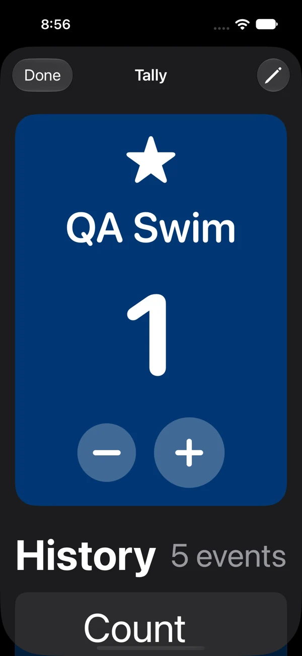 A sample tally with count controls and a history of changes.